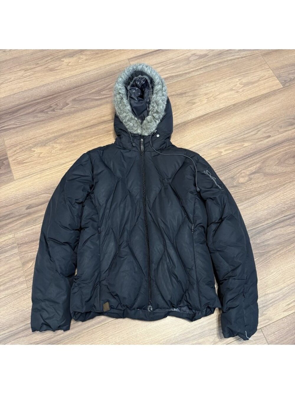 Salomon Down Jacket Womens XL Black Quilted Puffer Faux Fur